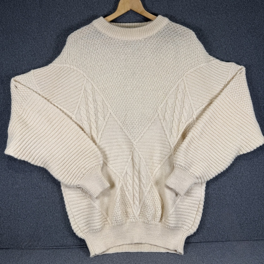 Mondo Sweater Mens Large White Cable Knit Crewneck Pullover Made In Italy
